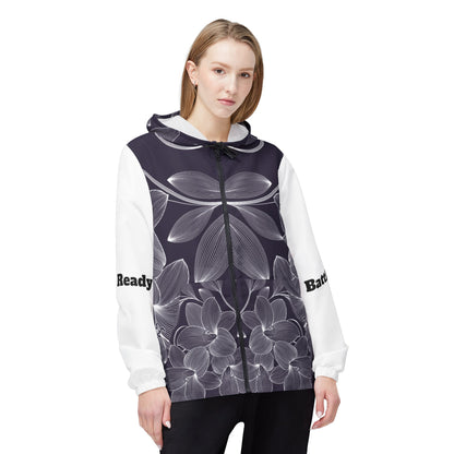 Windbreaker Jacket (AOP) black and white flower strong in the Lord, Battle Ready, More than a conqueror